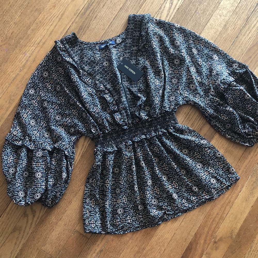 Max Edition 3/4 Sleeve V-Neck Boho Blouse Peplum Silhouette Size Small